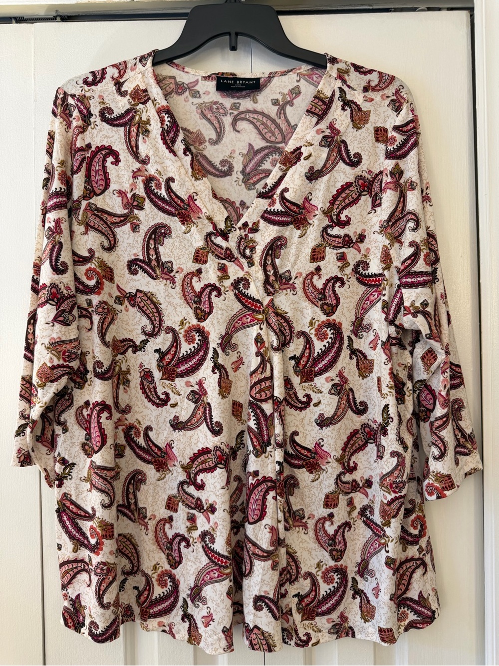 Lane Bryant Cream Paisley V-Neck Tunic with Pink and Burgundy Accents